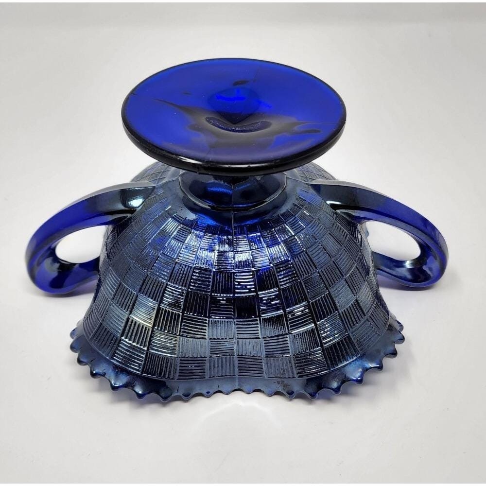 Northwood Cobalt Blue Fruits & Flowers Carnival Glass Handled Bonbon Dish - Picture 9 of 11